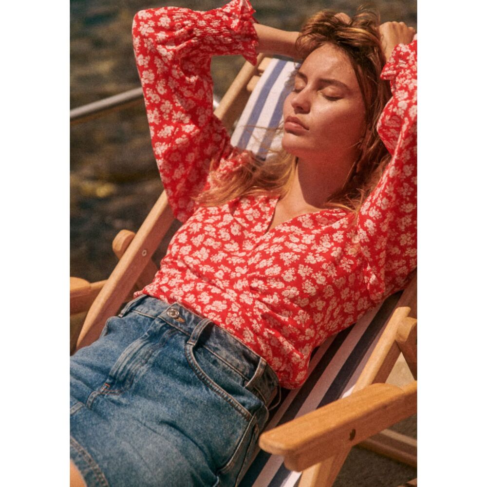 Sezane Red Floral Long-Sleeve V-Neck Blouse - Picture 6 of 6